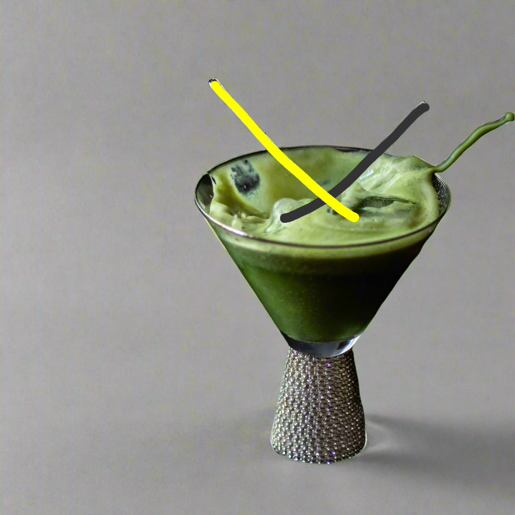 Green cocktail in a martini glass with decorative elements on a dark background